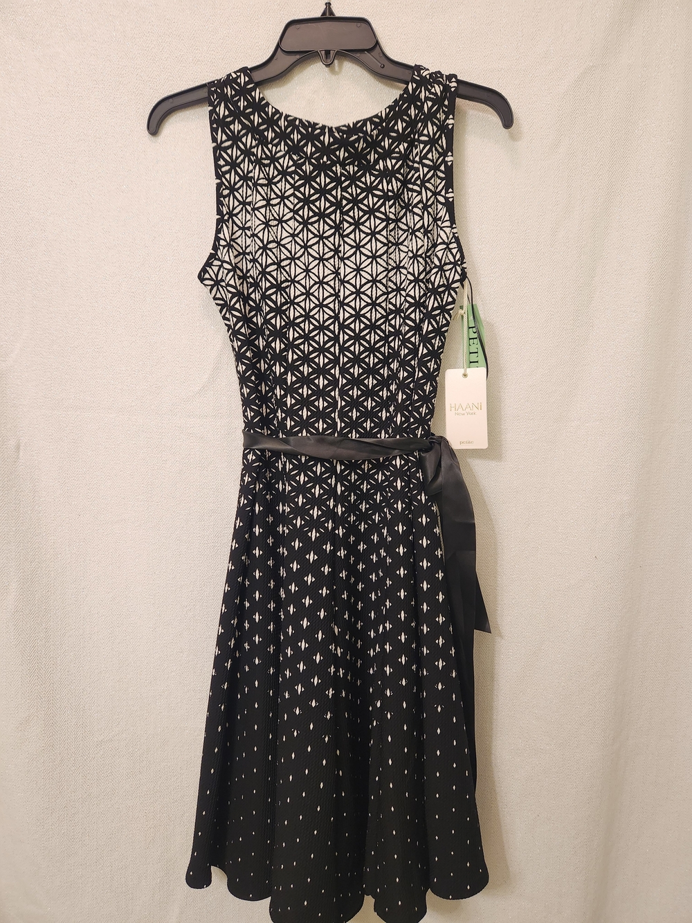 Haani Black & White Patterned Fit-and-Flare Dress with Belt